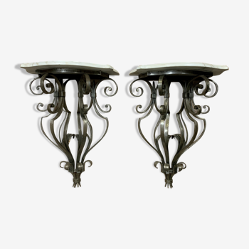 Pair of Art Deco consoles in hammered iron and marble