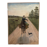 Femme à l’âne, huile sur toile signée 1886