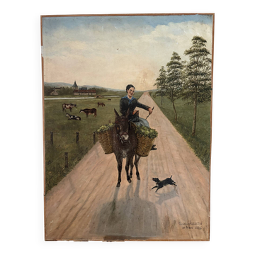 Femme à l’âne, huile sur toile signée 1886