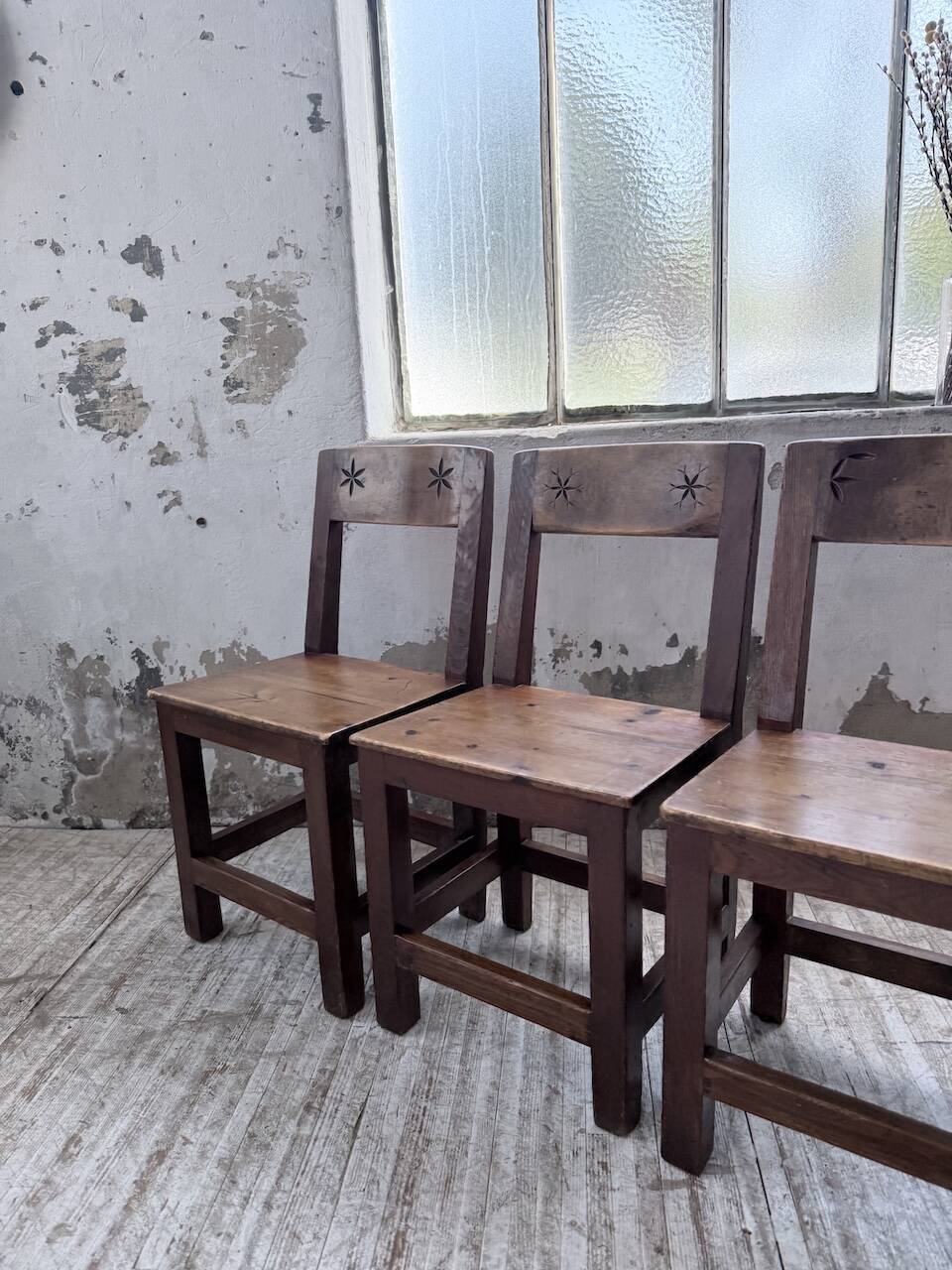 Set of 4 Savoyard pine folk art chairs from the 1950s.