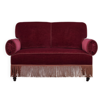 1950s, Danish 2-seater drop arm/back sofa, cherry-red furniture velour.