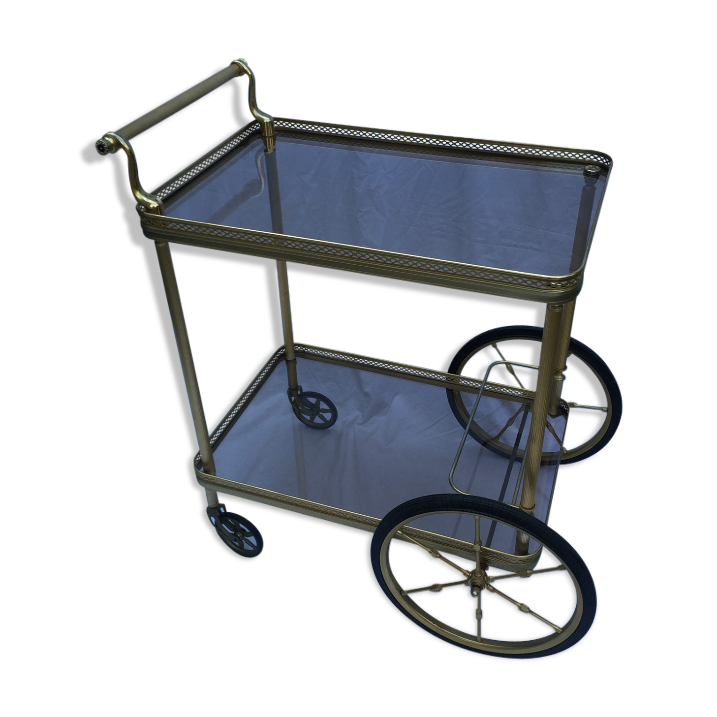 Serving wheels in gold metal & glass vintage 1960