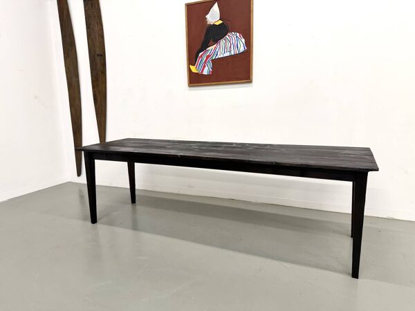 Grande Table de Ferme Années 50 en Bois Brûlé (Shou Sugi Ban) – L245 cm