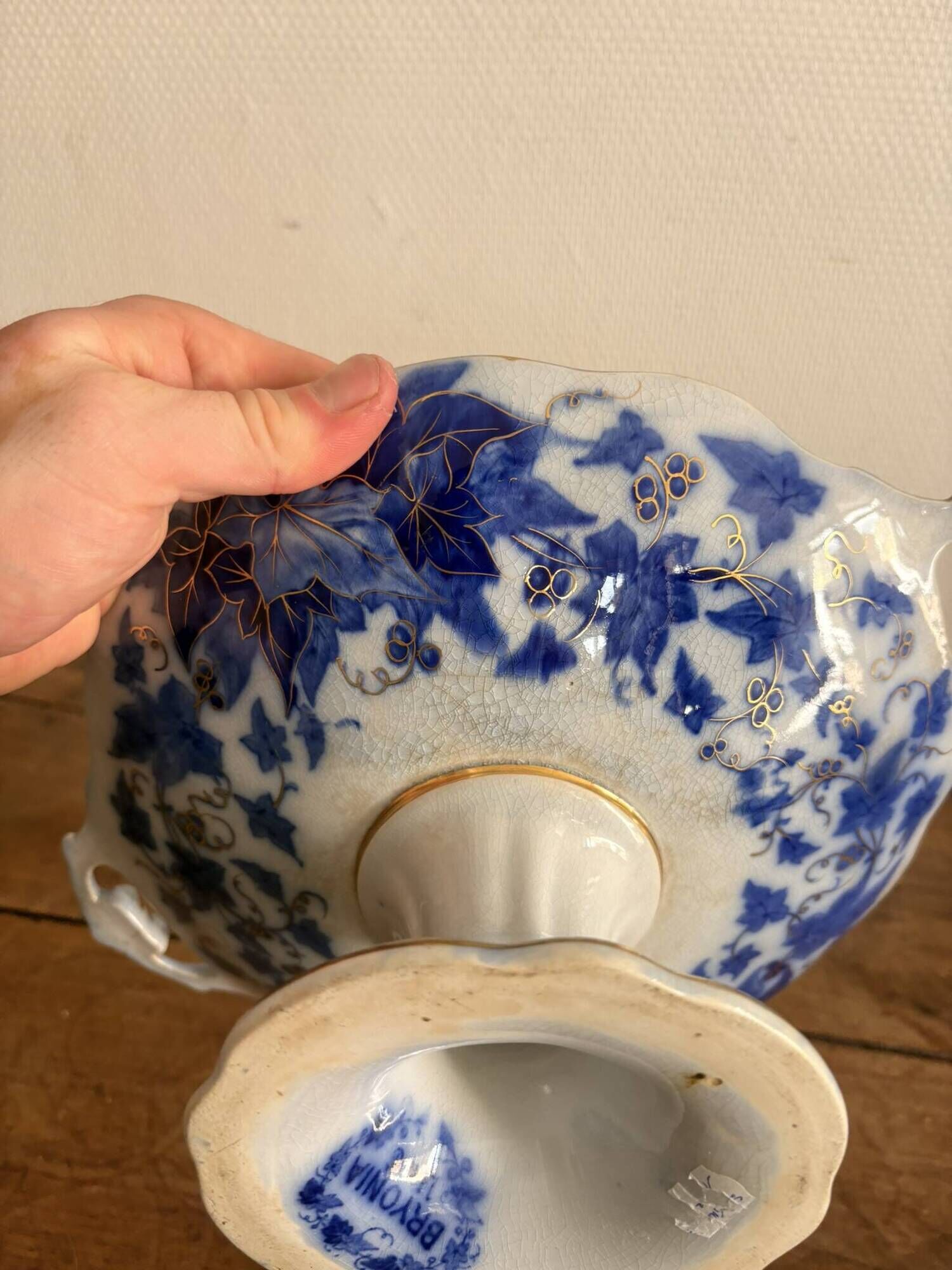 Blue faience shower footrest Bryonia H&C 19th Century Art Nouveau Hache Vierzon