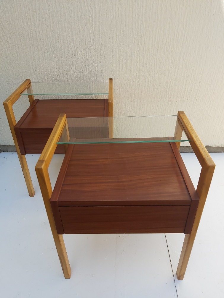 Pair of bedsides wood and glass 50s