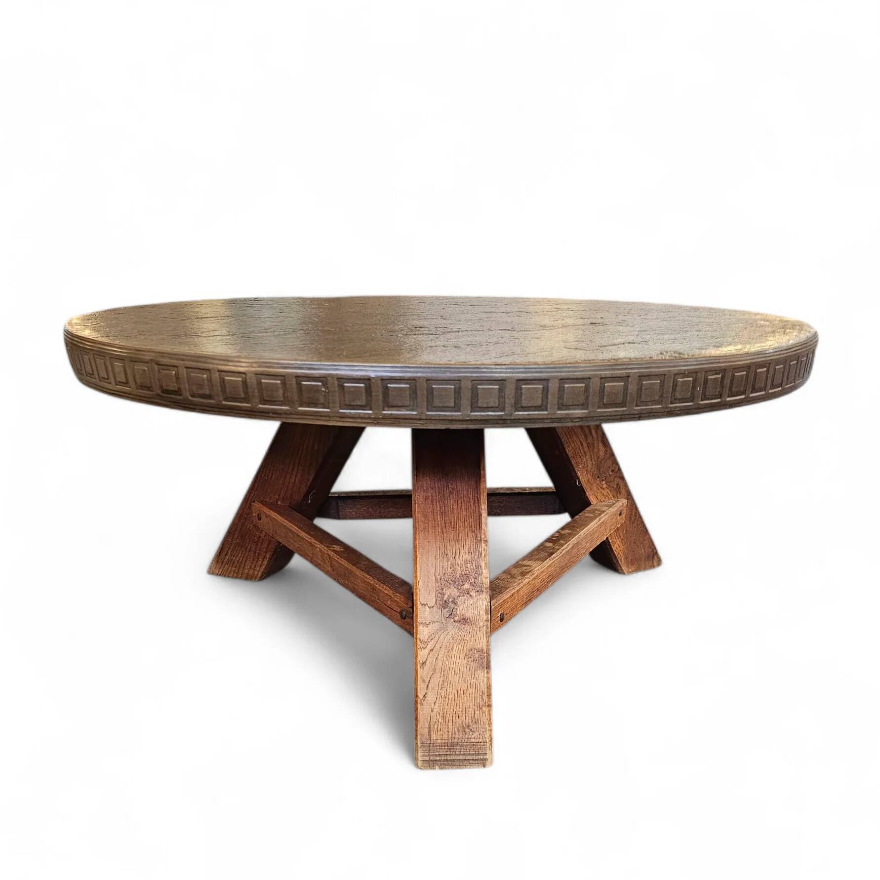 Round brutalis coffee table with brass / copper top / 1960s