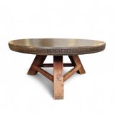 Round brutalis coffee table with brass / copper top / 1960s