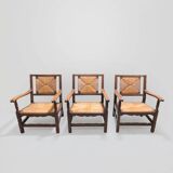 Mid-century rustic wooden armchairs with woven seat and back