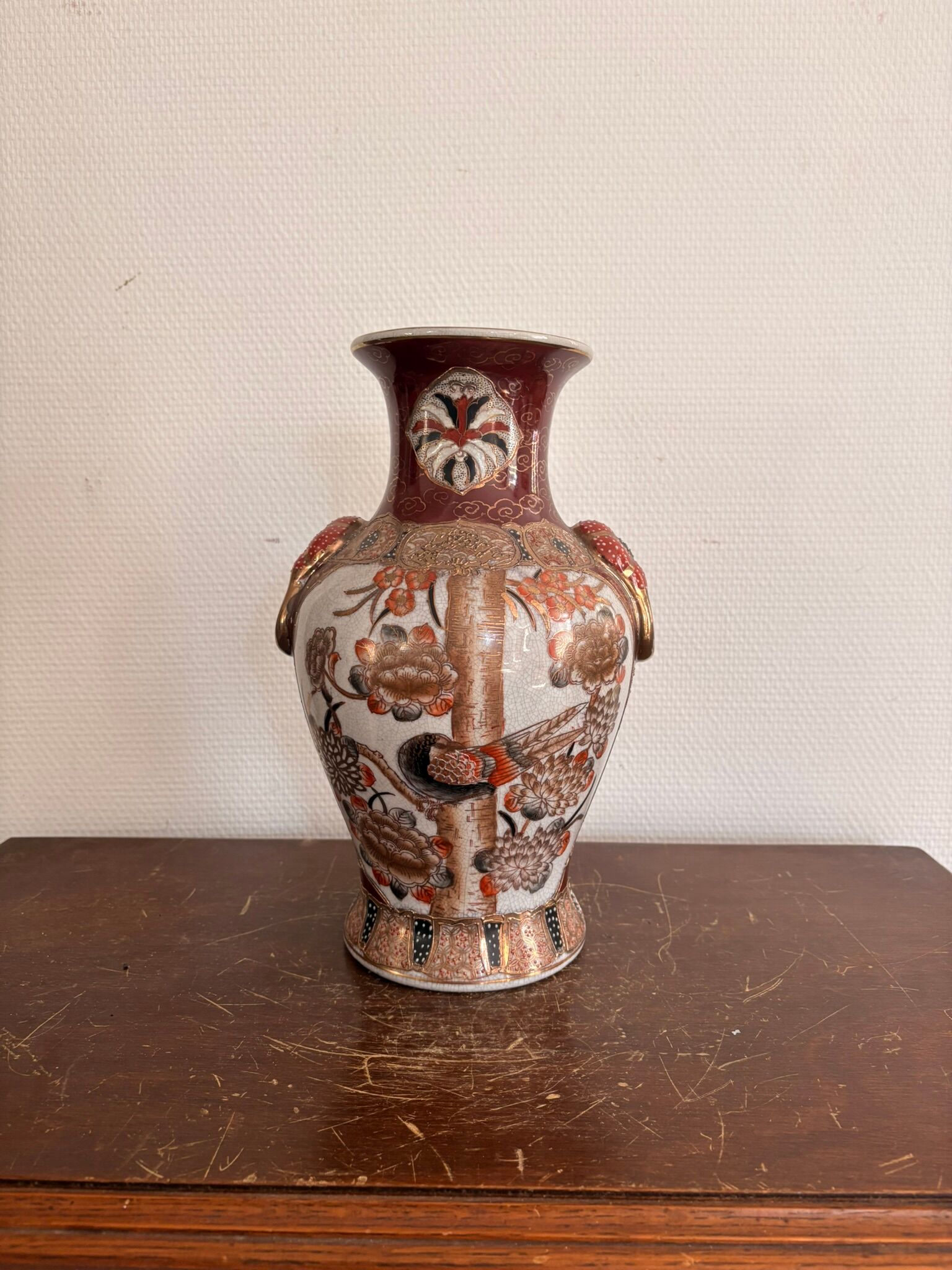 Satsuma Vase Japan Ceramic Bird Peony Meiji 30cm