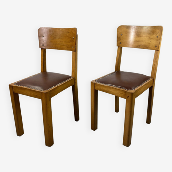 Paire de chaise en bois et cuir