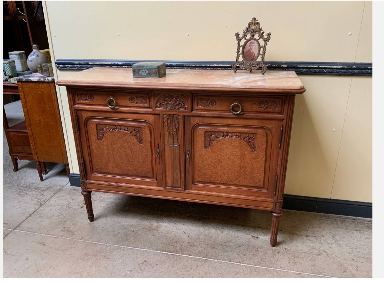 Antique Art Nouveau walnut sideboard, chest of drawers,