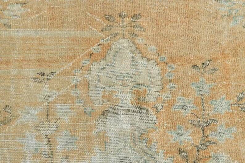 7x10 Vintage Turkish Rug, Orange Beige Floral Rug, Faded Wool Cotton Area Rug