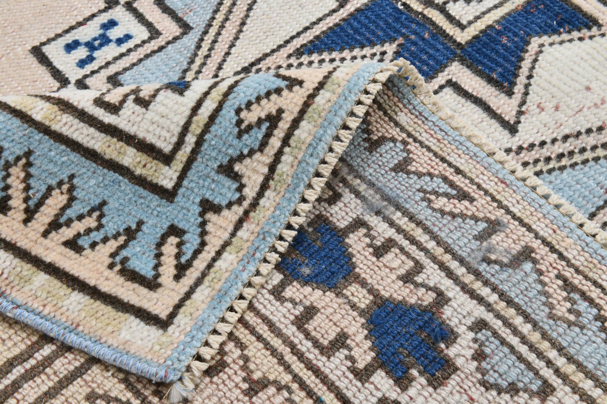 6x8 Vintage Rug İn Blue Tones, Turkish Wool Pattern Rug, 225x178 Cm