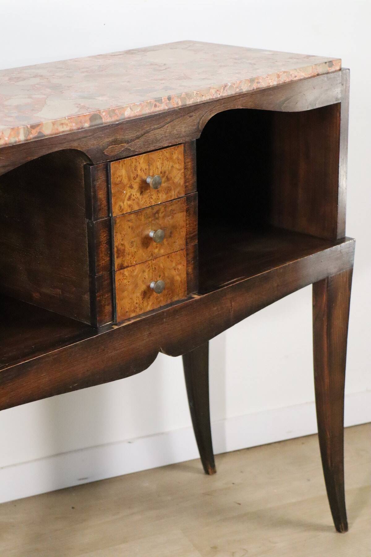 Vintage wooden and marble console table – classic style curved legs, 1950s