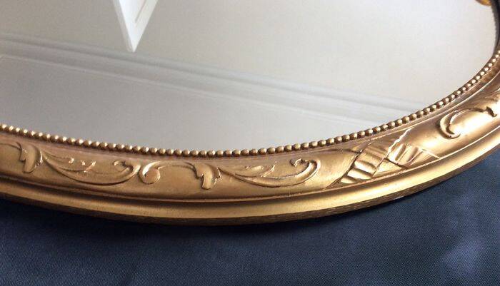 Large Baroque Mirror • Oval Arch • Carved Wood • Resin • 1950