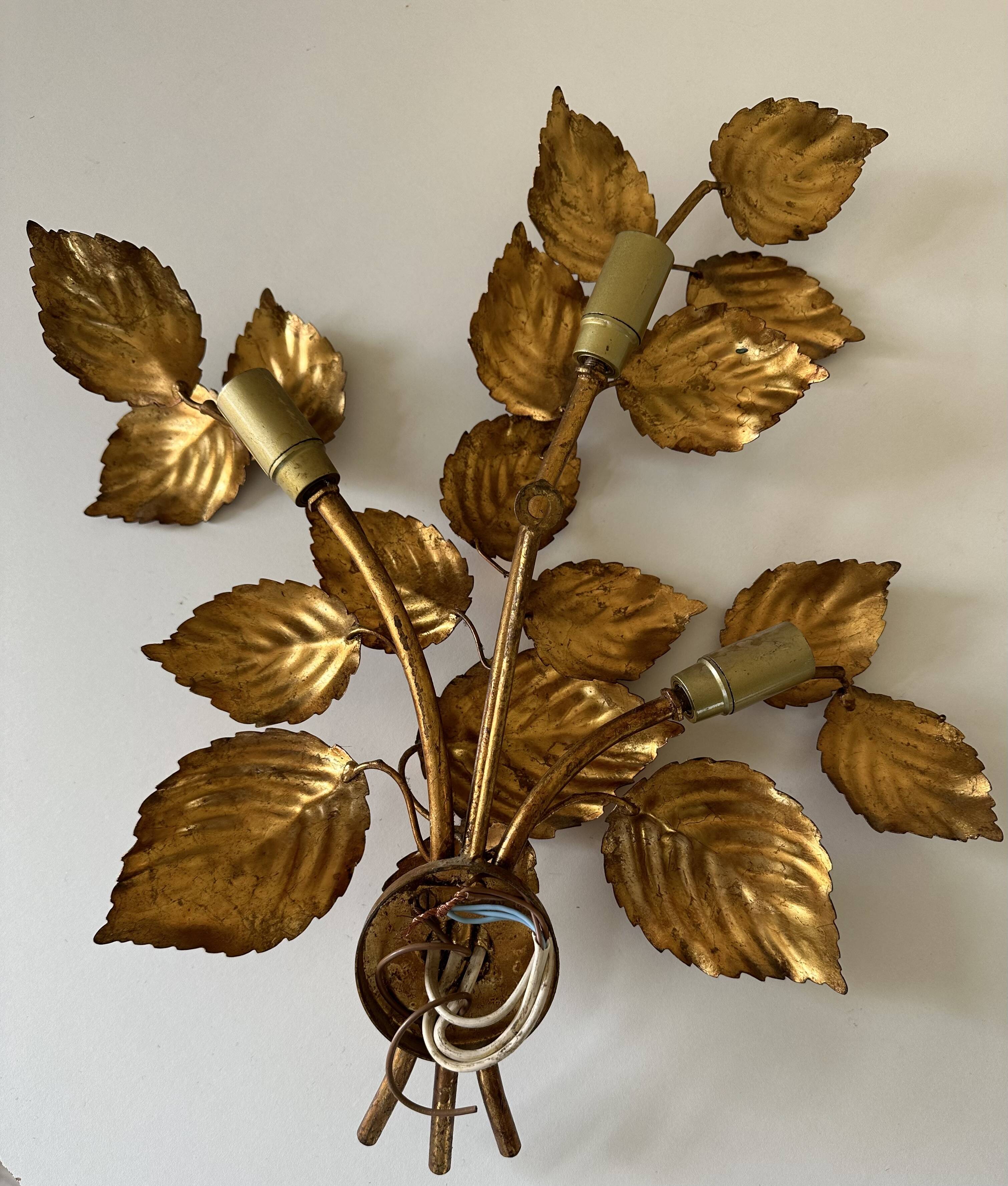 Large golden leaf wall lamp vintage design 70s