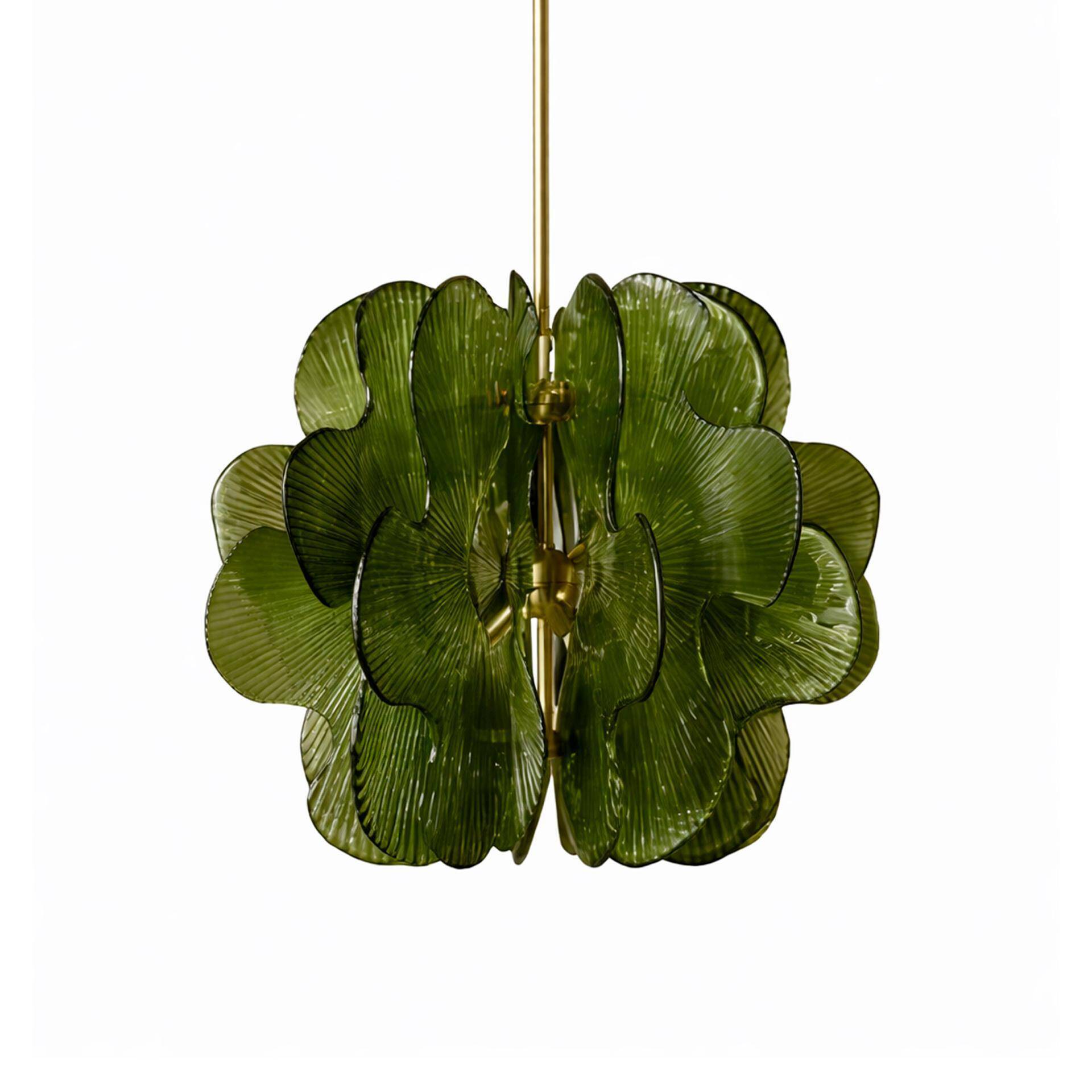 Midmodern Style Italian Brass Pendant Lamp with Bright Green Murano Glass Slabs