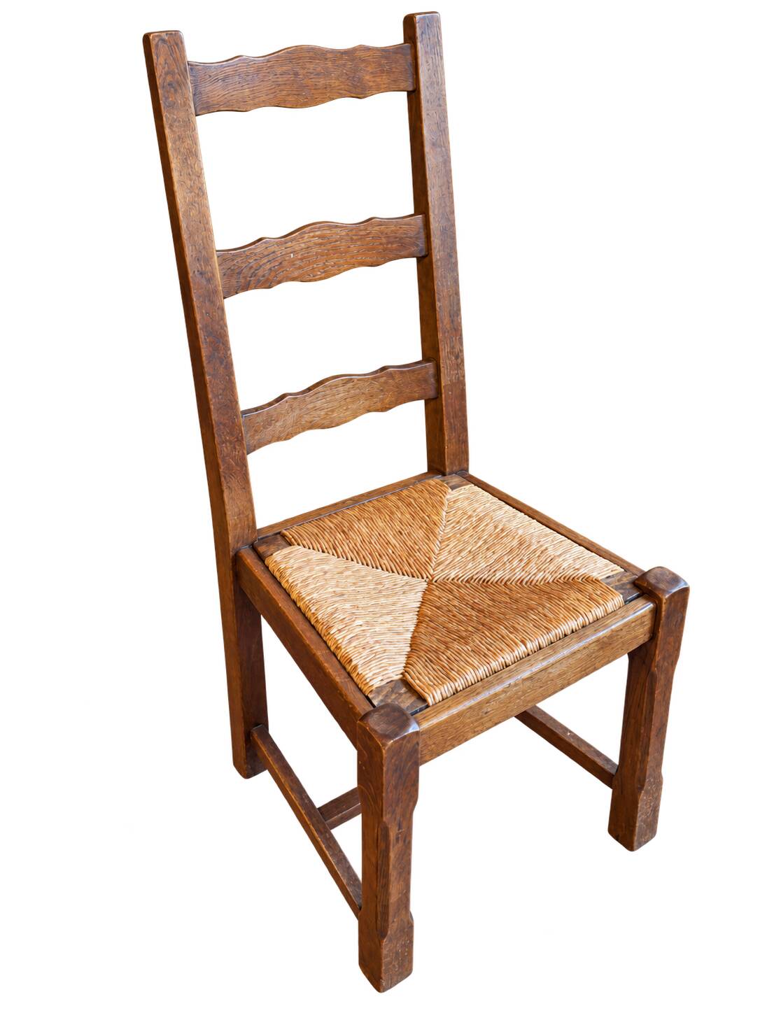 Set of 6 wooden chairs with straw seats and high backs.