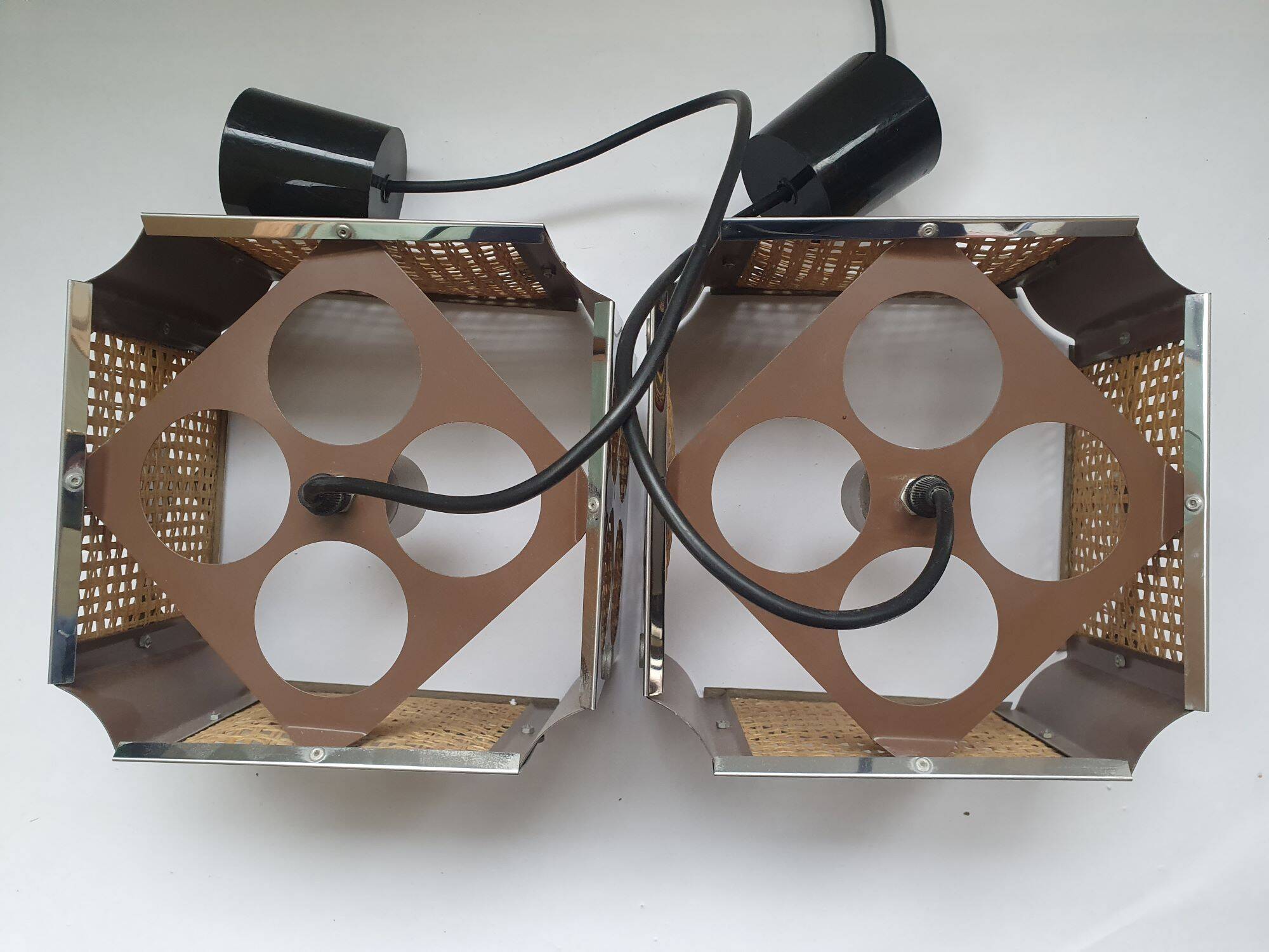 Two square metal chrome cane hanging lamps from the 70s