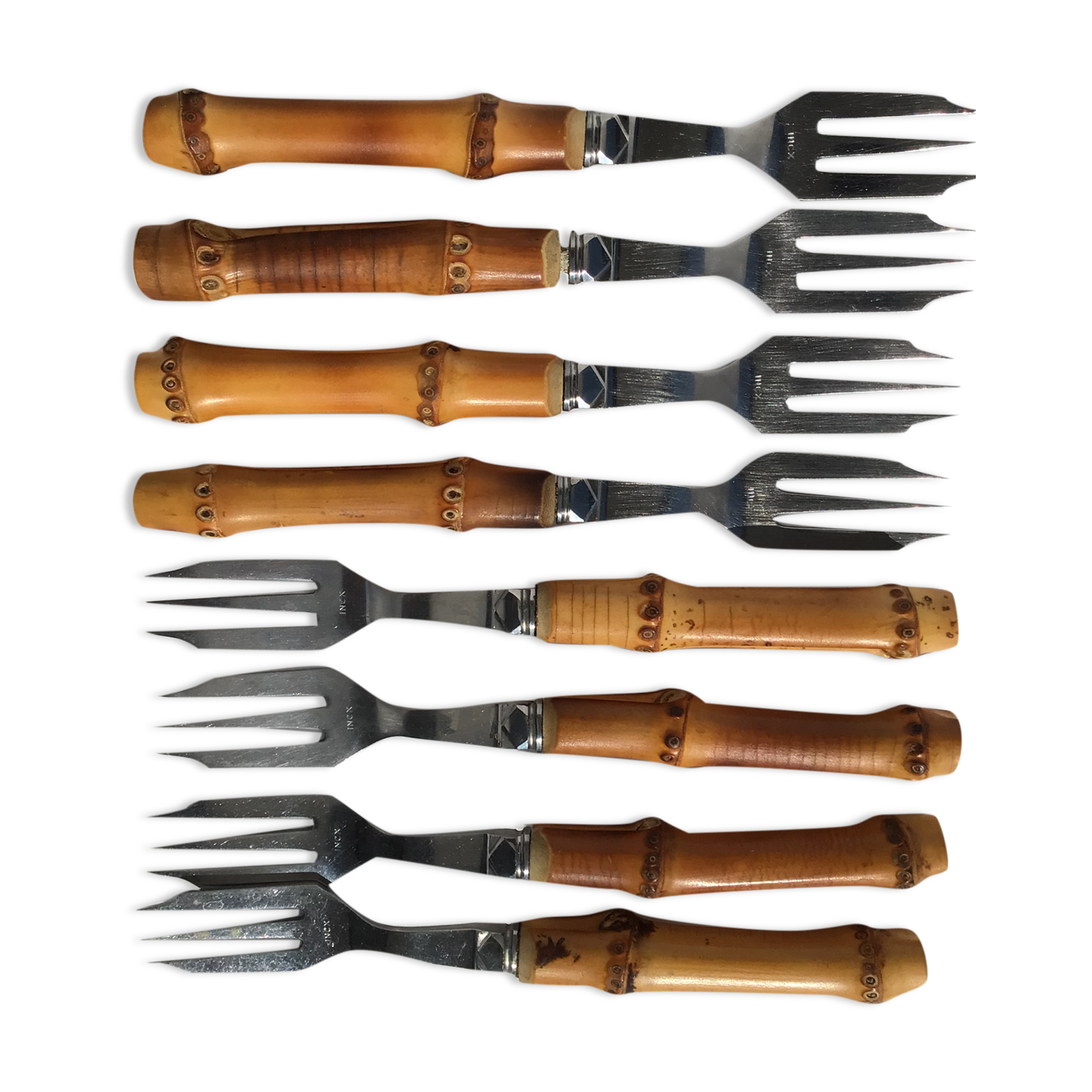 8 bamboo cake forks 60s