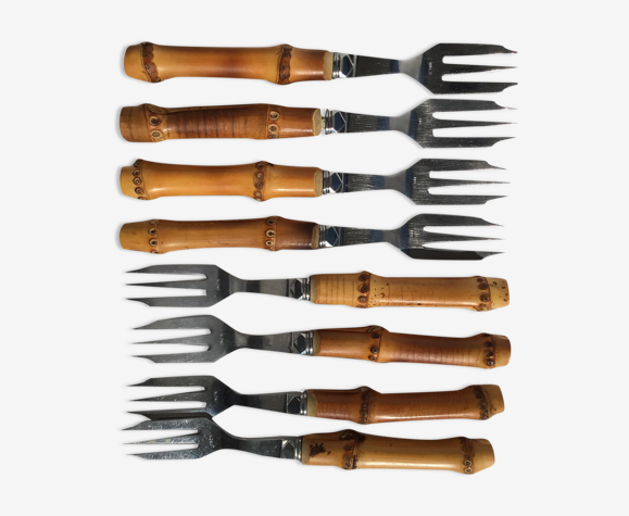 8 fourchettes à gâteaux bambou années 60