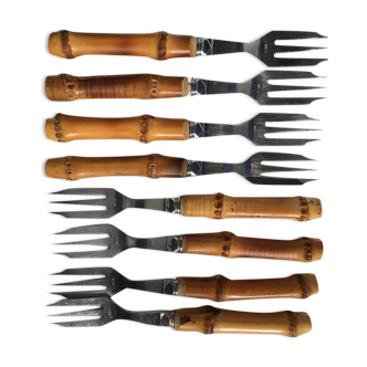 8 bamboo cake forks 60s