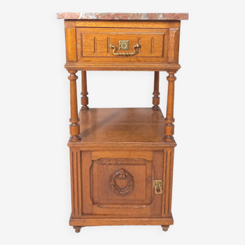 Classic Oak Bedside Table With Red Marble