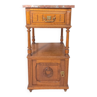 Classic Oak Bedside Table With Red Marble