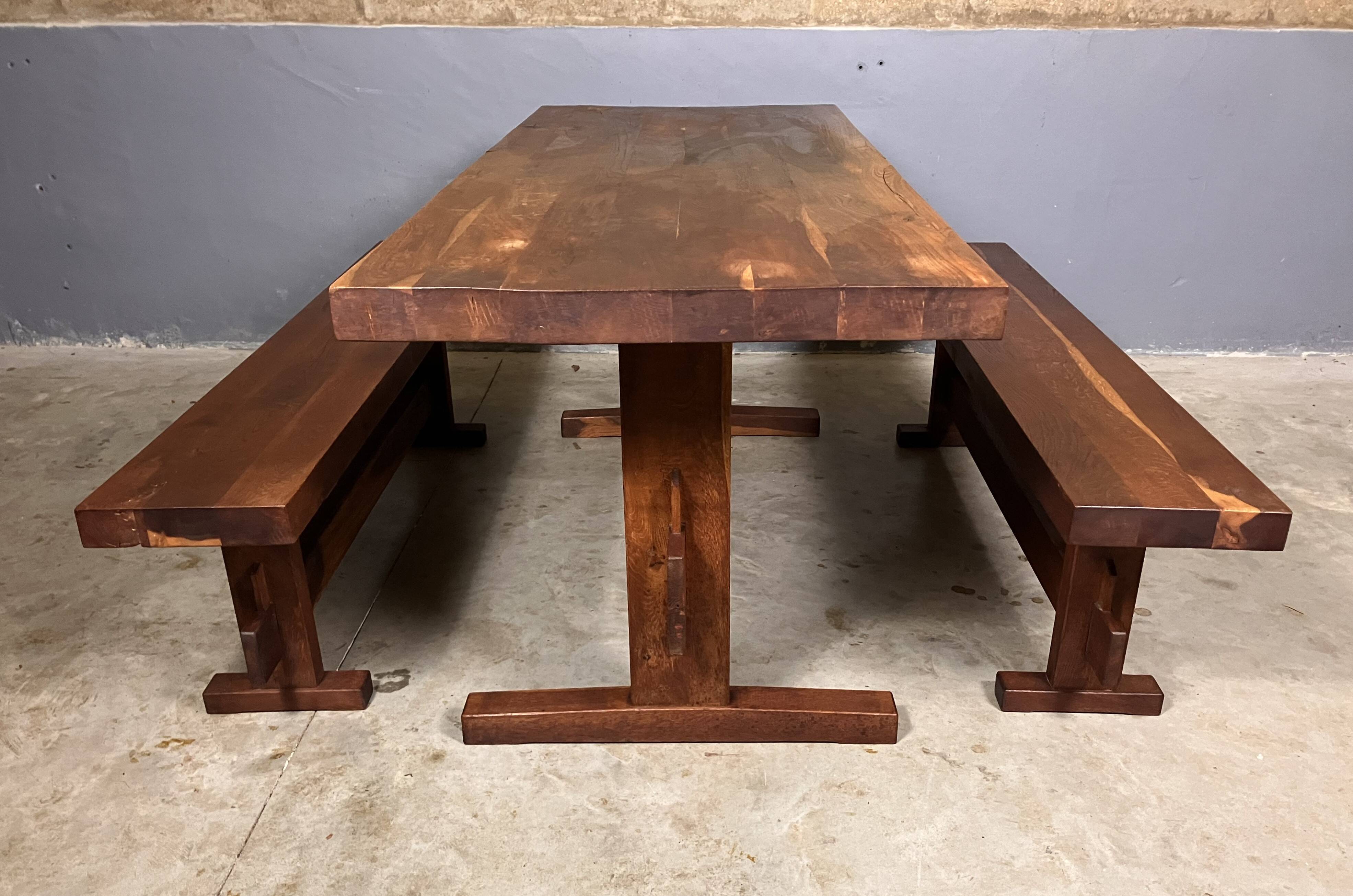 Oak dining table with 2 benches Minimalist Brutalist Wabi Sabi