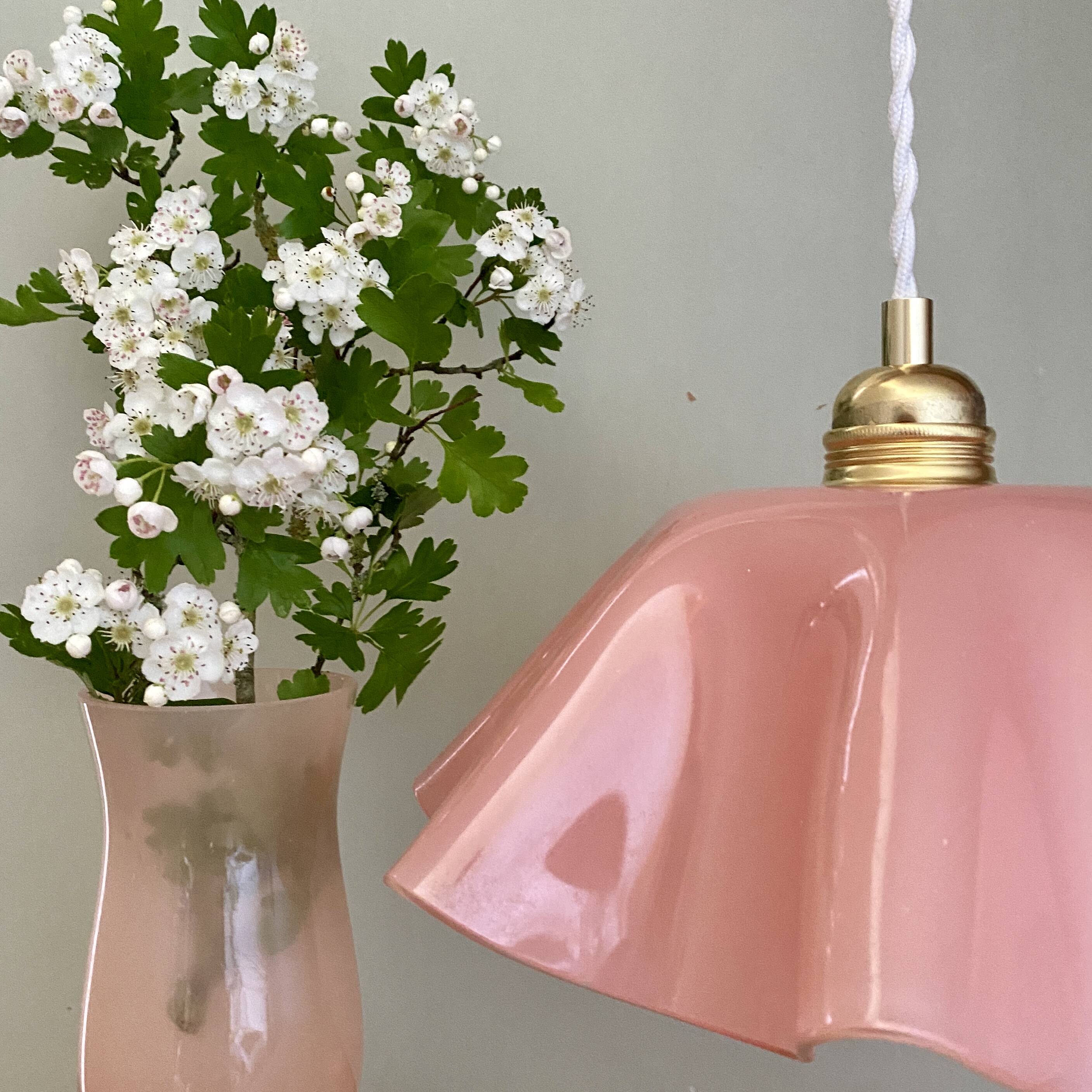 Vintage lampshade pendant light in pink opaline