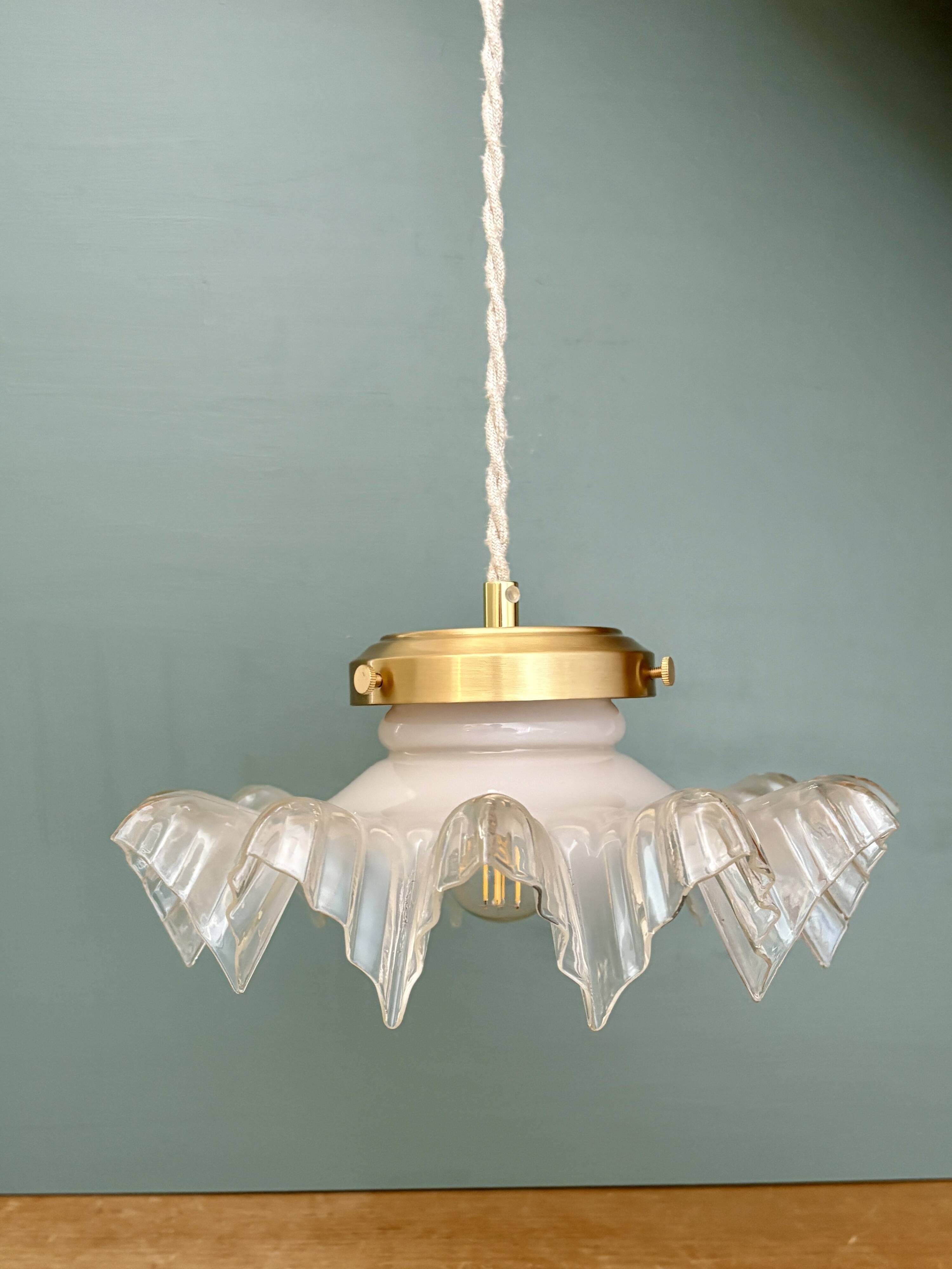 Vintage lace glass pendant lampshade, half white, half transparent