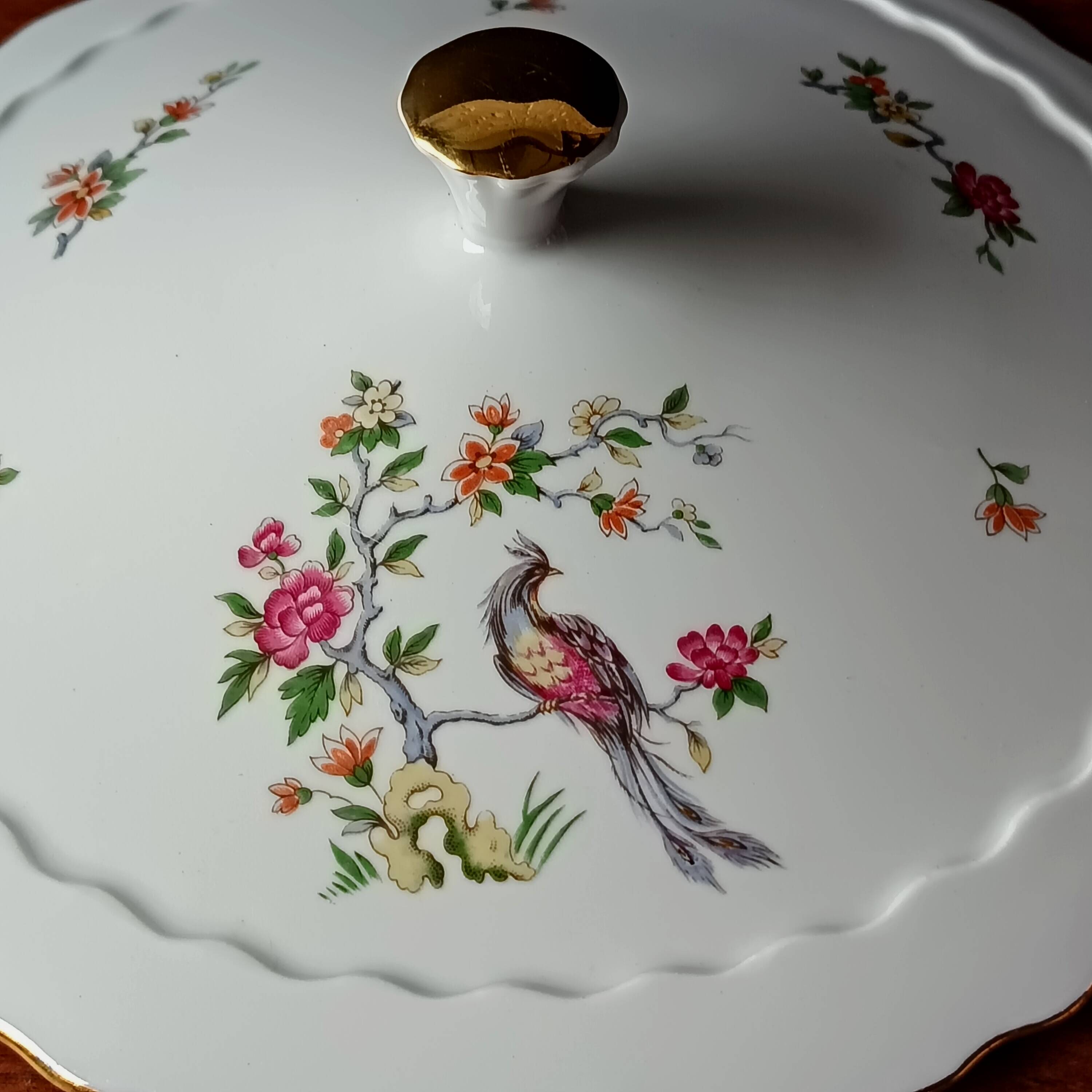 Vintage soup tureen, Vitriam porcelain France, Phoenix on a flowering branch.