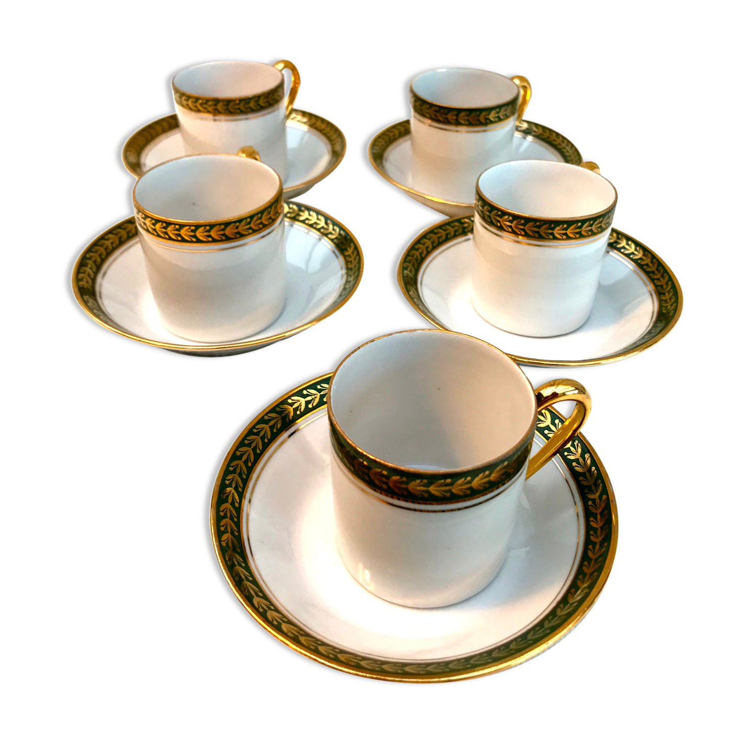 Vintage mocha set 5 coffee cups Napoleon porcelain white frieze green gold by hand