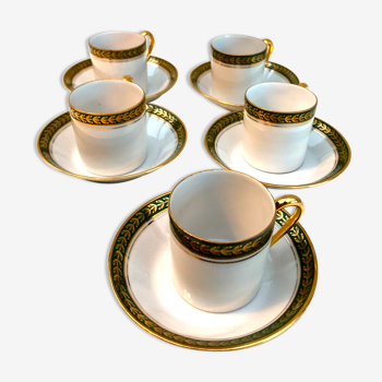 Service à moka vintage 5 tasses à café Napoléon porcelaine blanche frise vert dorée à la main