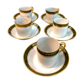 Service à moka vintage 5 tasses à café Napoléon porcelaine blanche frise vert dorée à la main
