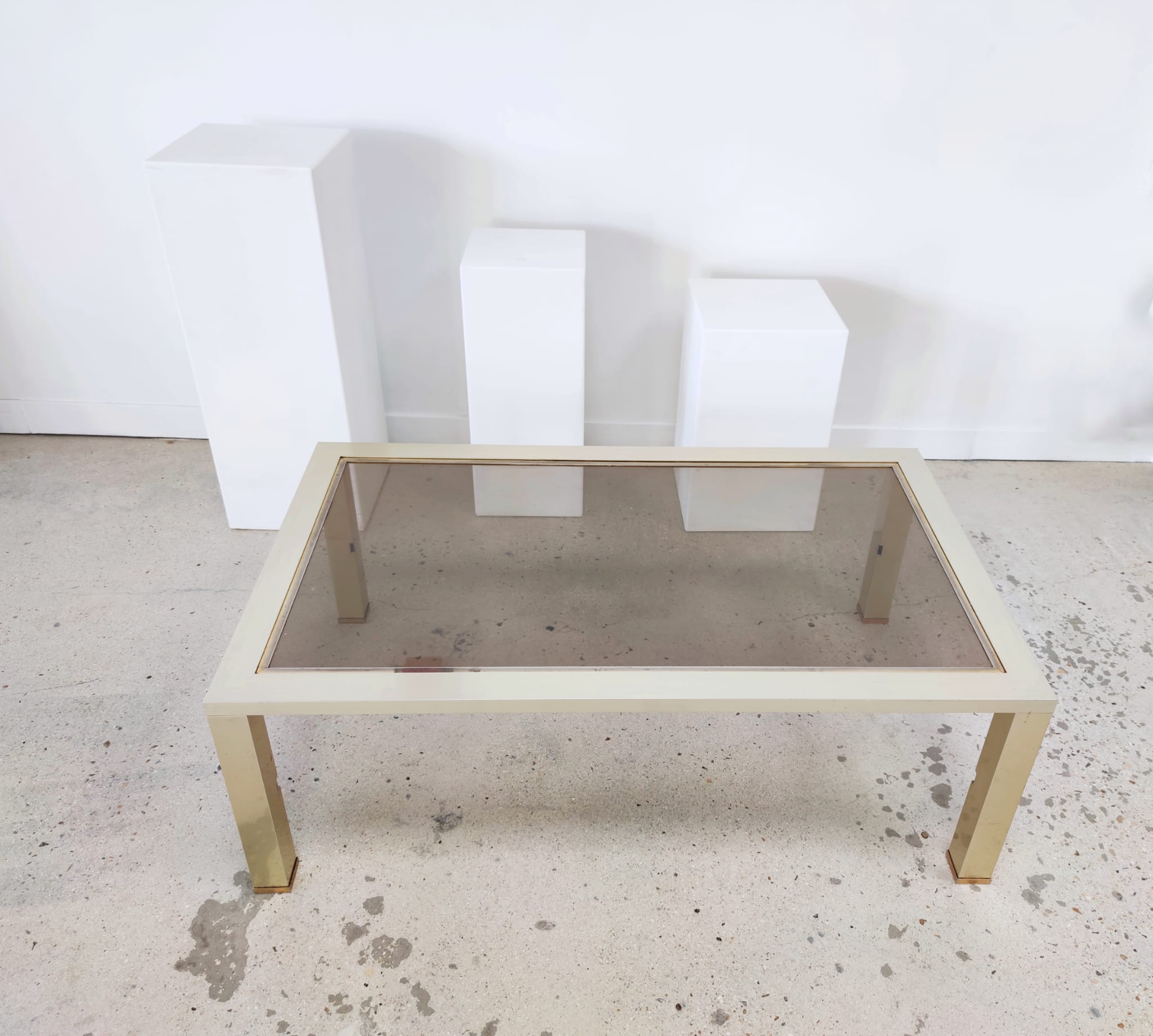 Vintage coffee table 1970s brushed metal smoked glass
