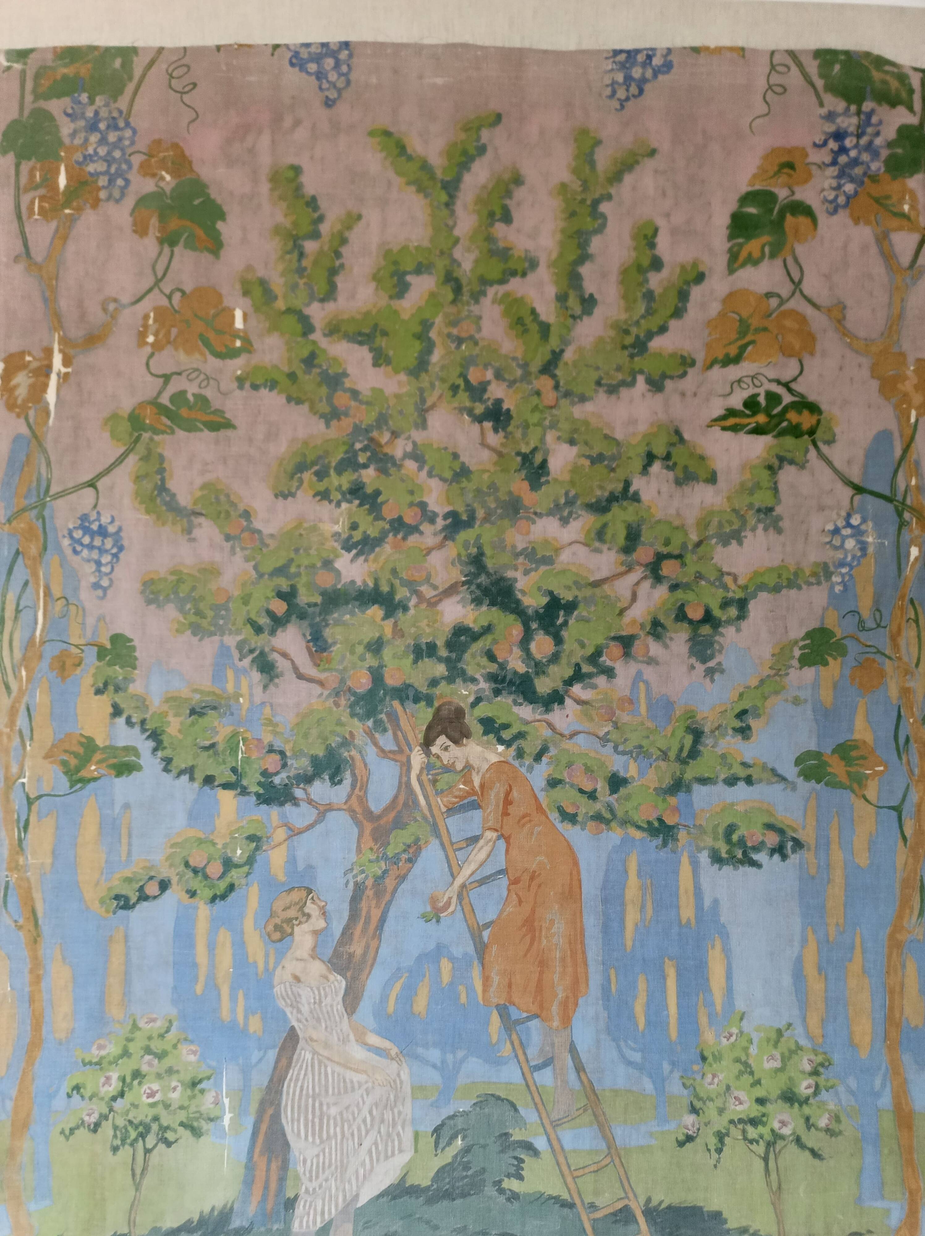 Large painting on canvas from the 20th century mounted on a frame - rural scene.