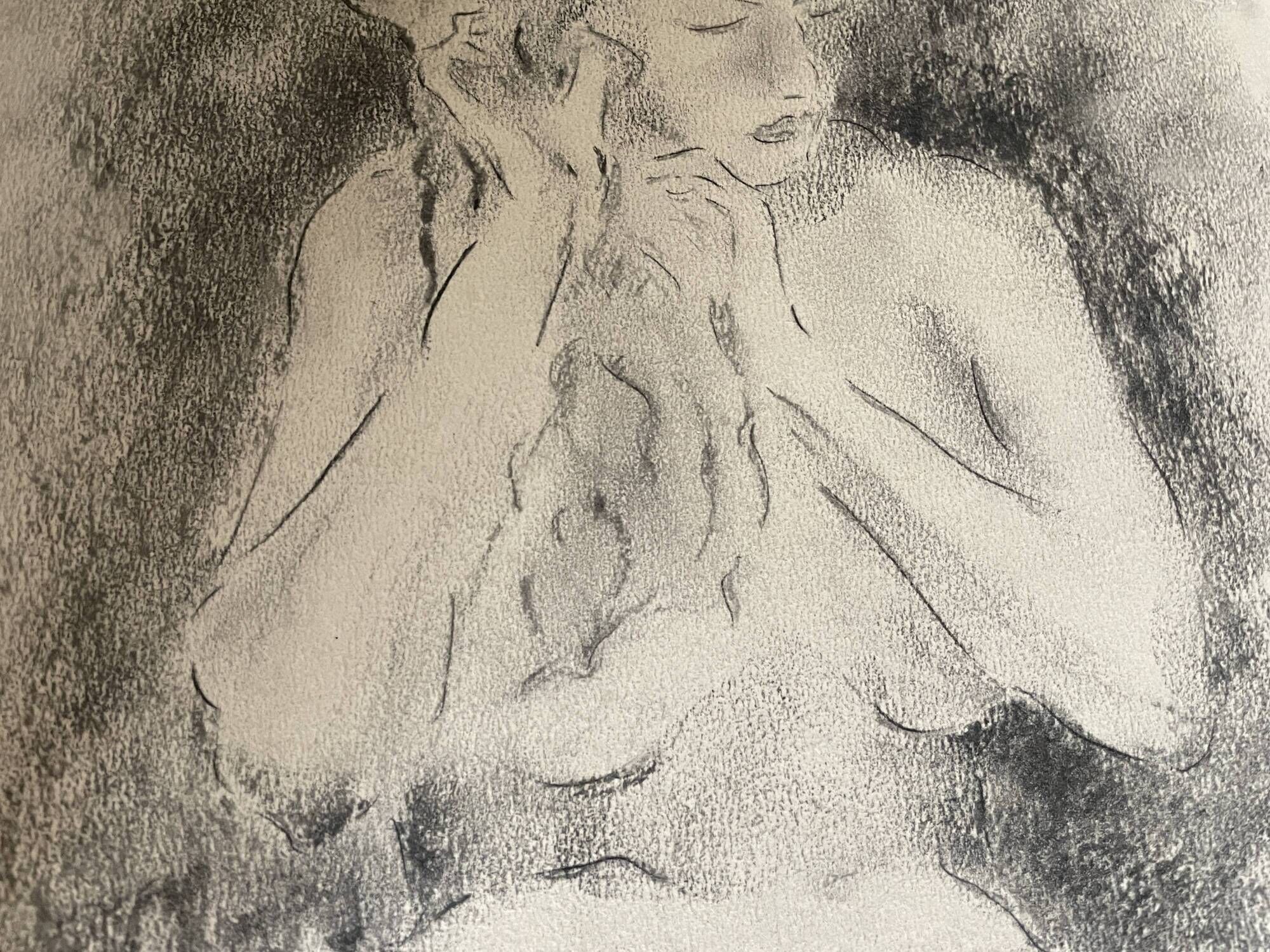 Charcoal painting signed portrait of woman combing her hair