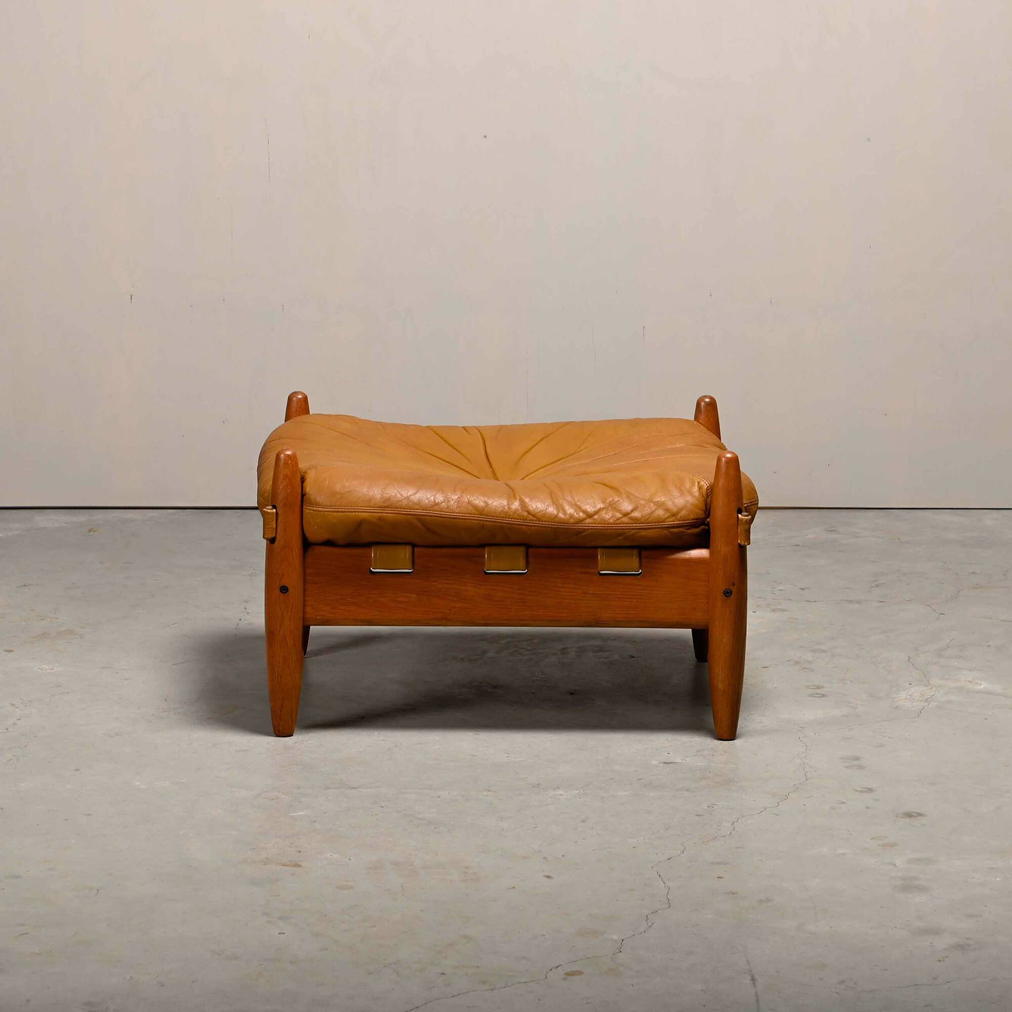 Brazilian Stool Ottoman Oak and Leather in the style of Sergio Rodrigues