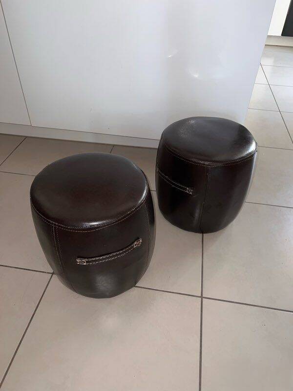 2 small brown poufs with beige stitching - industrial, loft, vintage style, re