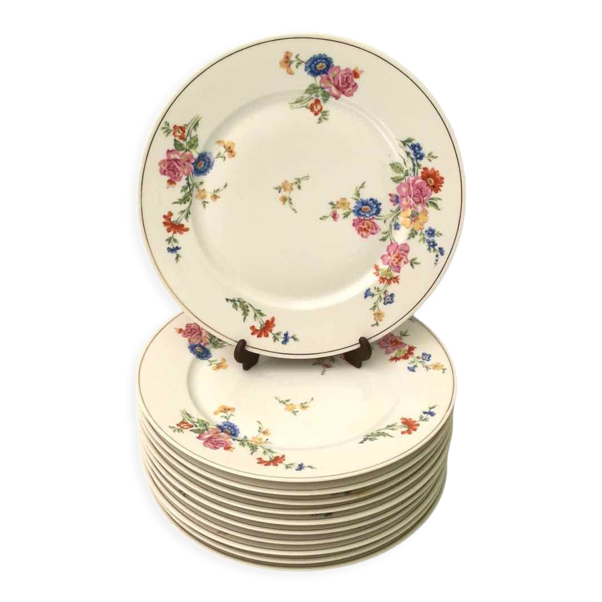 Set of 11 flat plates flowered porcelain