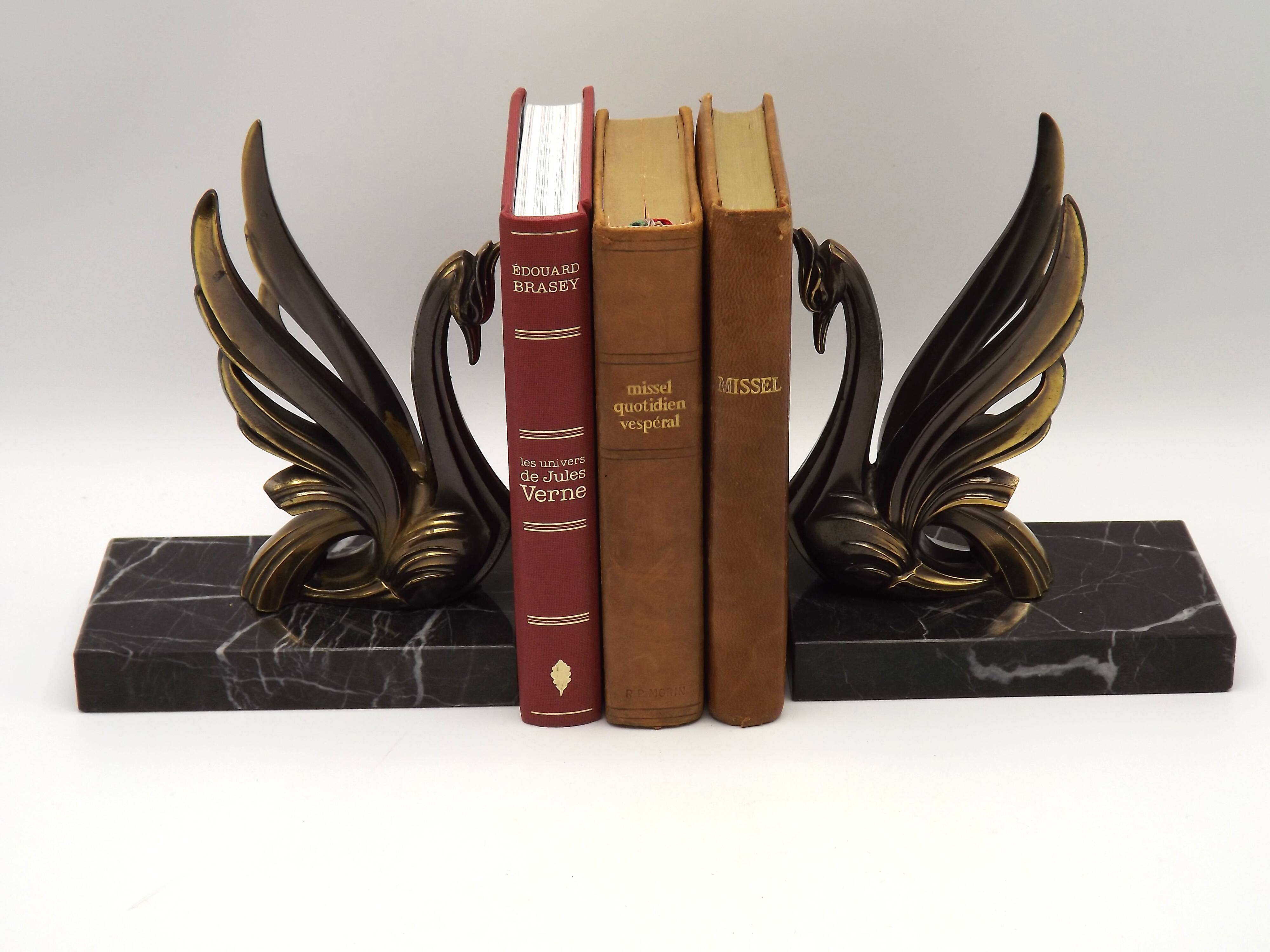 French Art Deco Bronzed Effect Spelter Swan Book Ends Black Marble Base