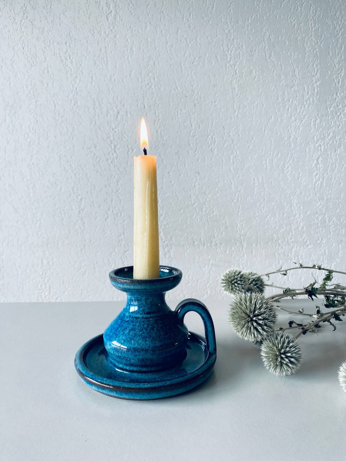Candle holder in enamelled and signed stoneware