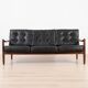 Scandinavian Three-Seat Sofa in Solid Wood and Black Leather, 1960s