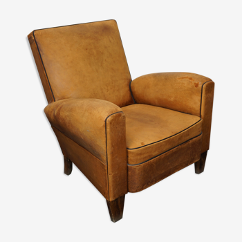 Vintage french cognac-colored leather club chair, 1940s