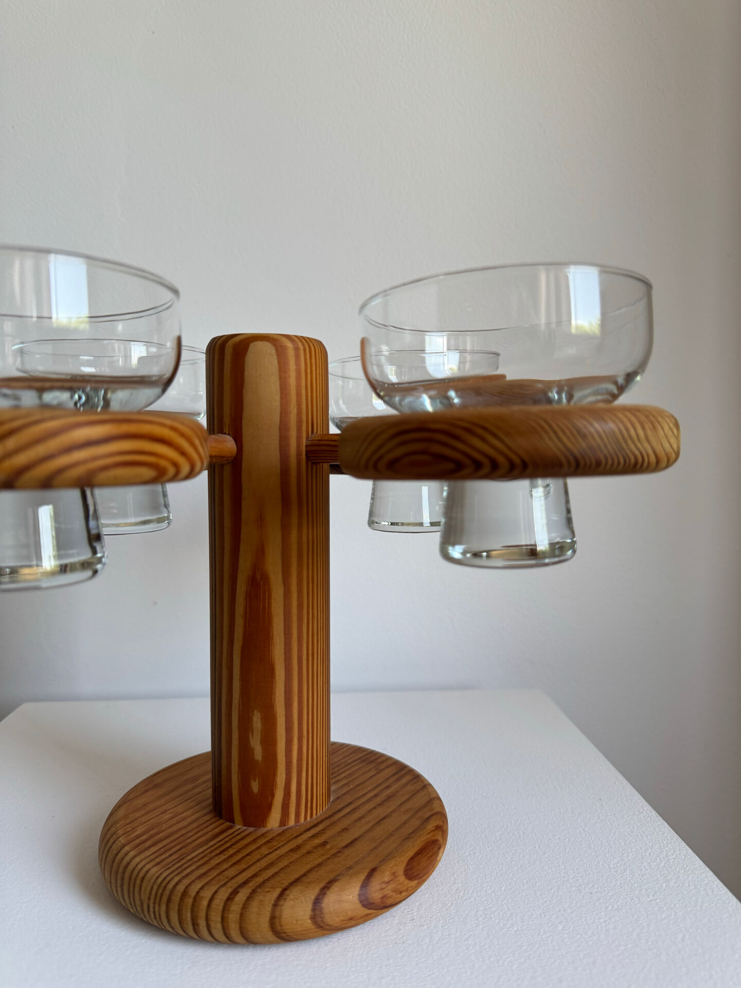 Vintage Mid Century Large Wood Candelabra With Four Glass Cups