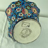 Large earthenware basket, Longwy enamels, turquoise blue cloisonné, twisted handle, stamp