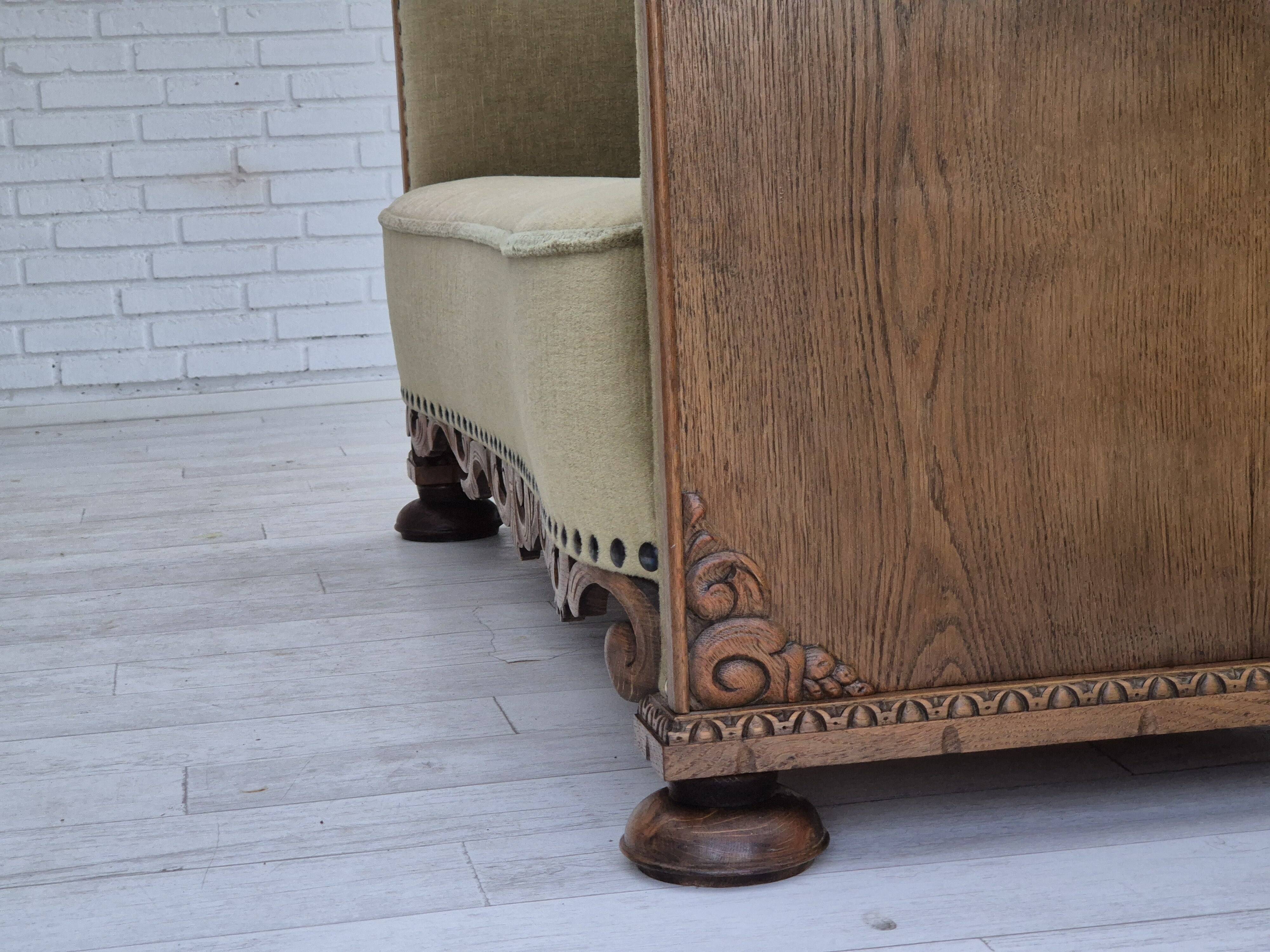 1950s, Danish curved sofa, furniture velour, oak wood.