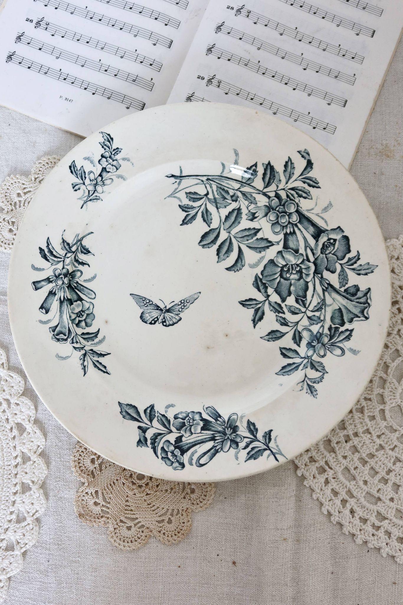 Round serving dish Badonviller ironstone model Jasmin floral butterfly motif late 19th century