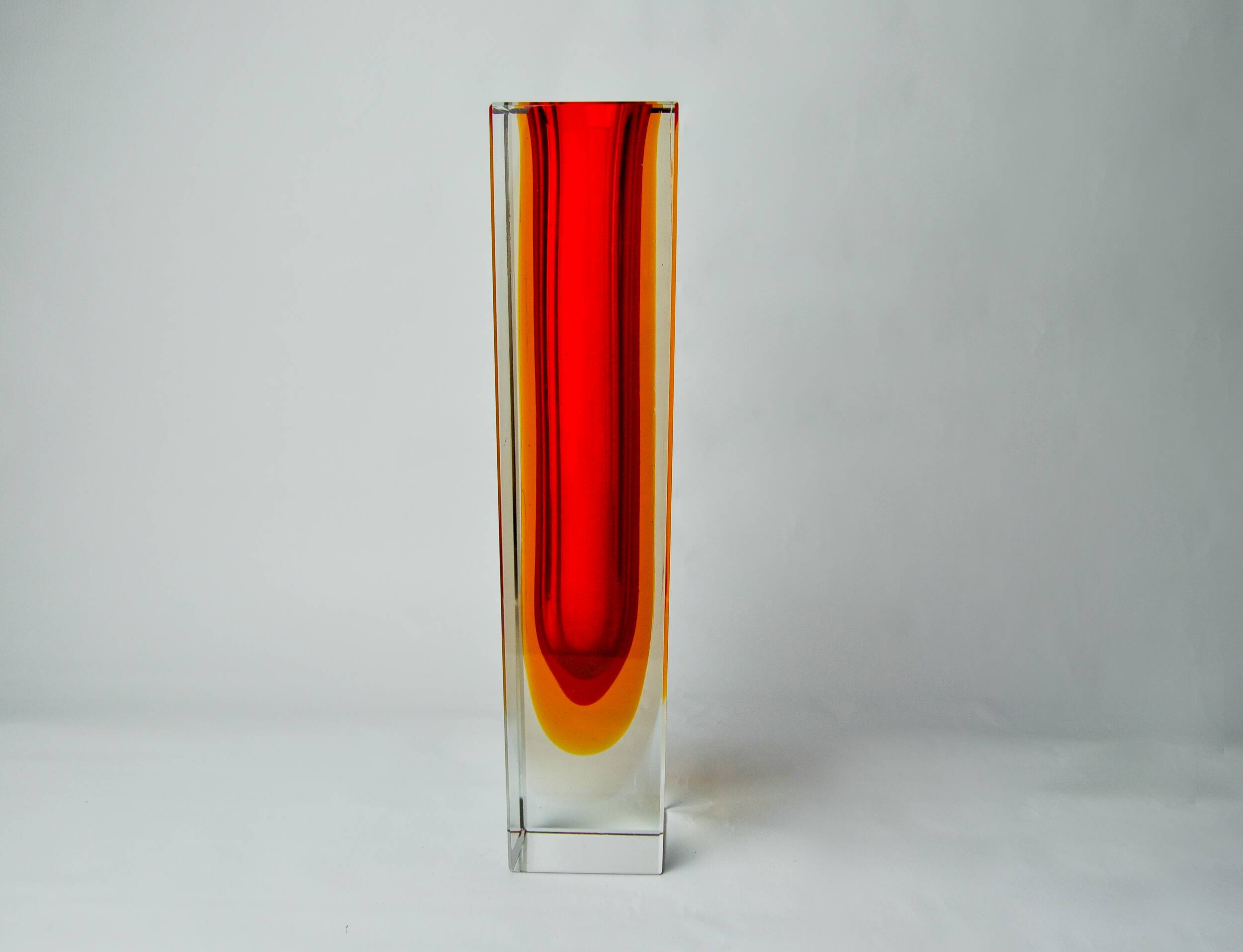 Red and yellow cubic Sommerso vase by Flavio Poli for Seguso, Murano, Italy, 1970